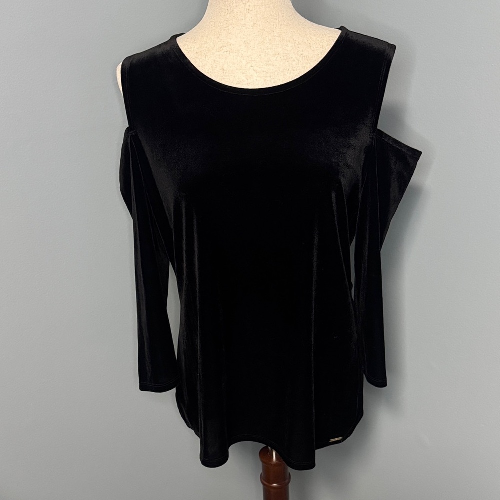 Tahari Women’s Black Velvet Cold Shoulder Top Sz L